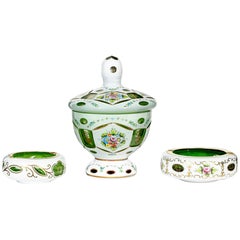 Bohemian Green and White Overlay Smoking Set with Floral Enamel Decoration