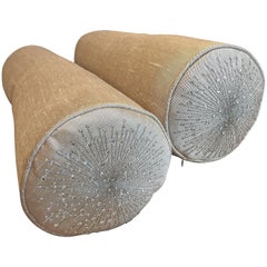 Pair of Silk Bolster Cushions, Star Burst Design and Swarovski Crystals