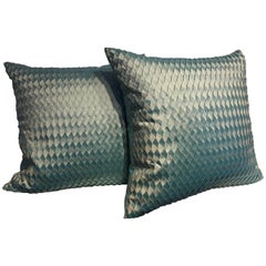 Pair of Silk Cushions Pleated Chevron Pattern Embossed Sea Foam Color 8