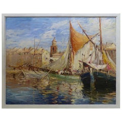 Beautiful Saint-Tropez's Port Painting, circa 1950