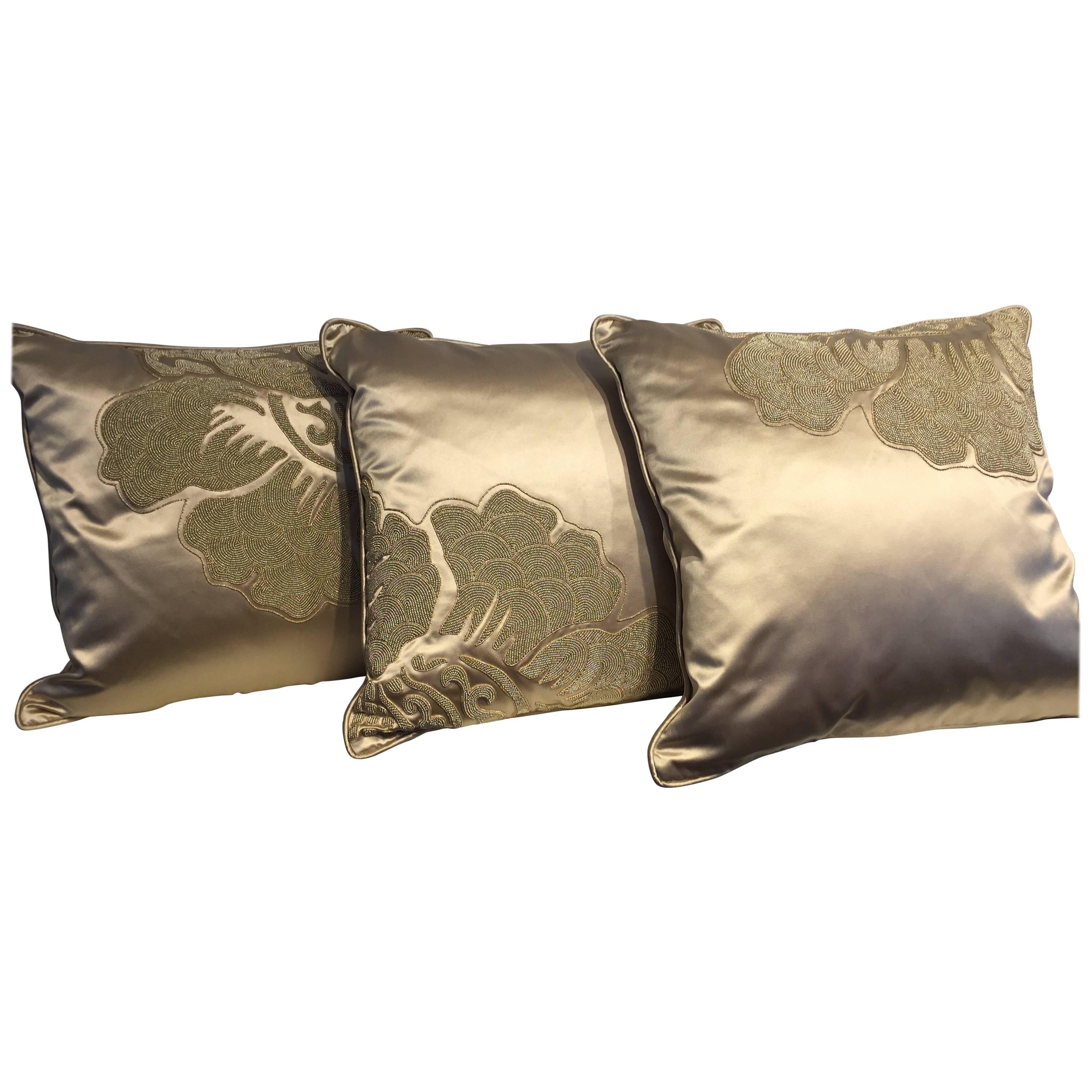 Set of Cushions Silk Satin Champagne Modern Damask Design Hand Embroidery