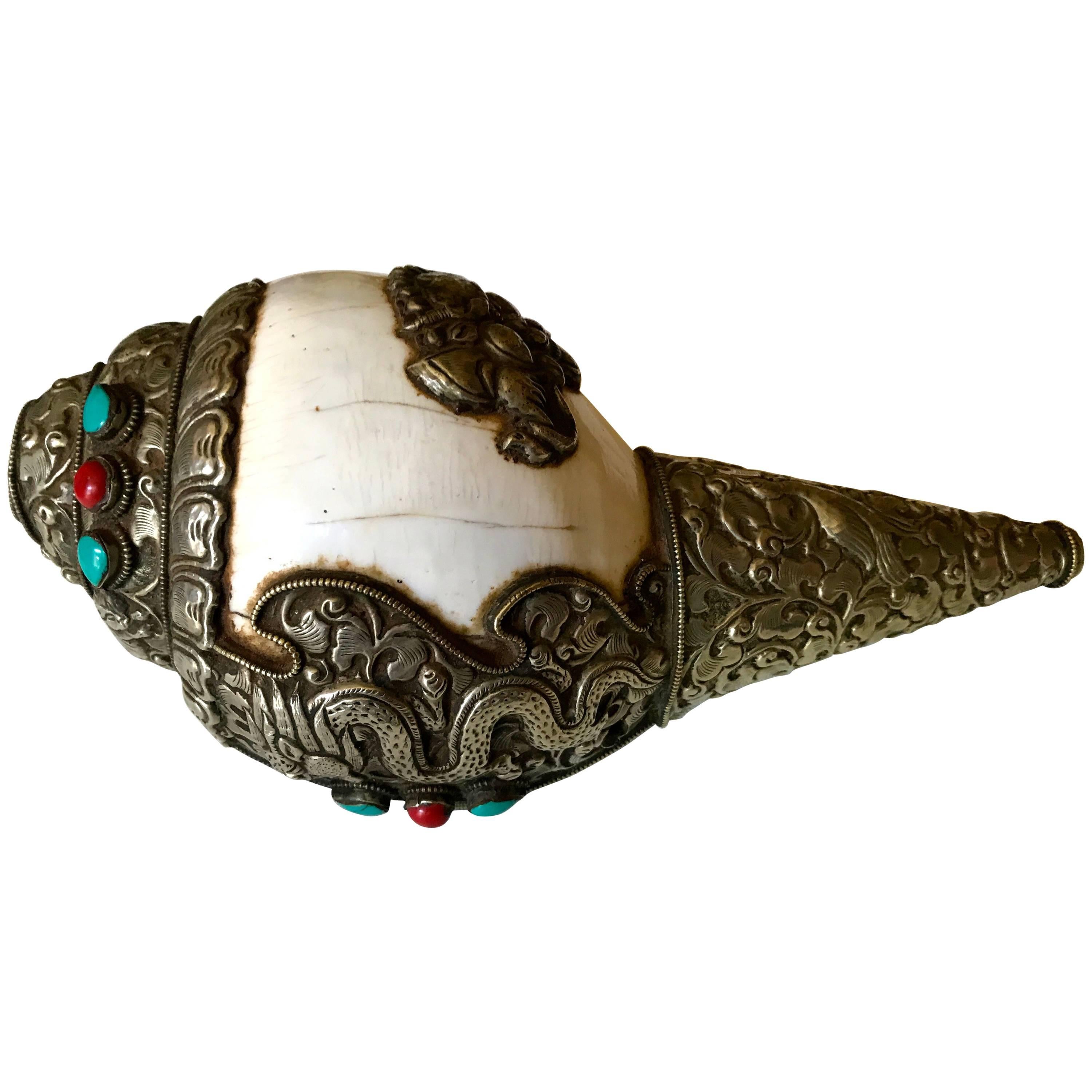 Tibetan Ritual Conch Shell with Silver and Stones For Sale