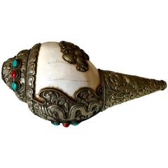 Tibetan Ritual Conch Shell with Silver and Stones