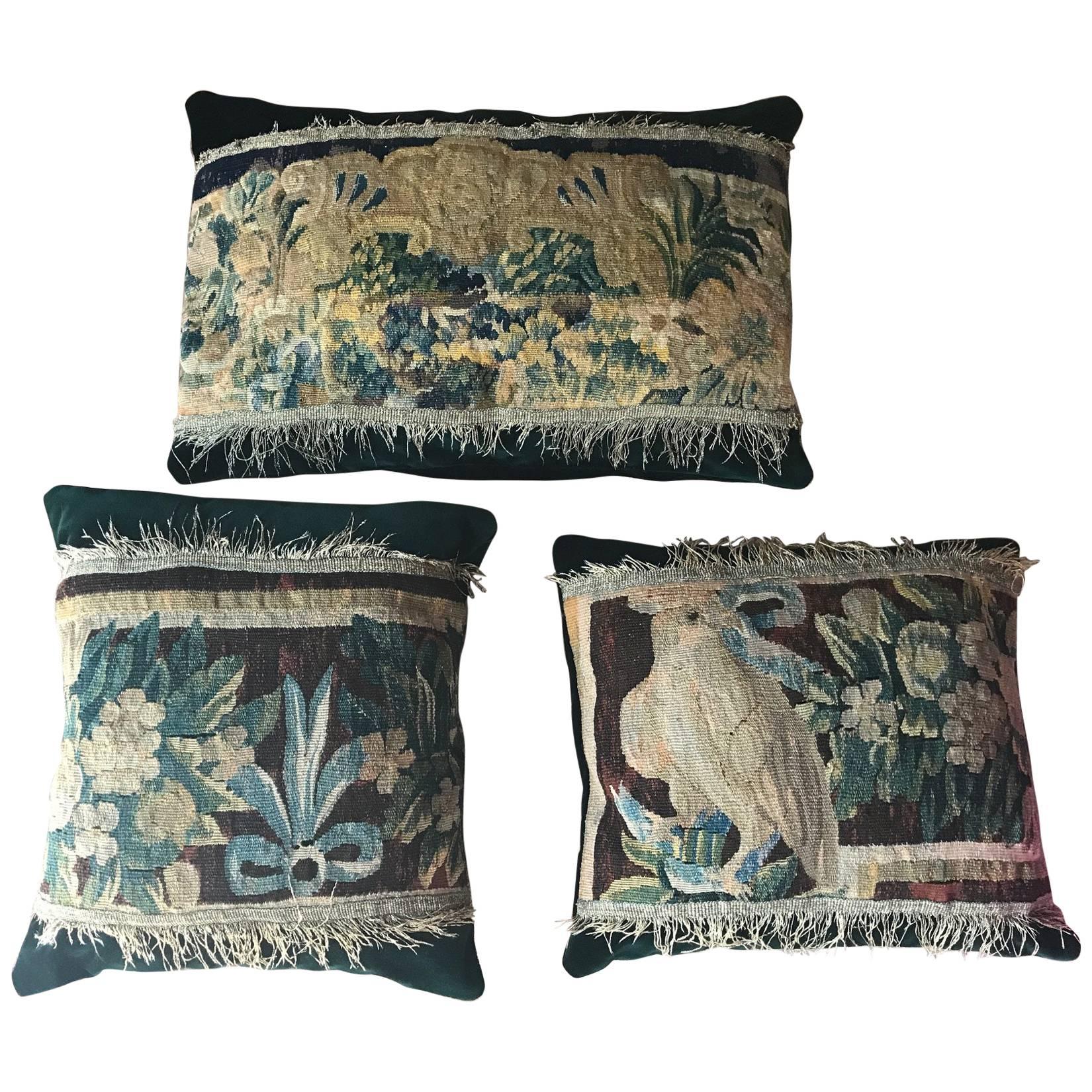 Set of Three Aubusson Tapestry Fragment Pillows or Cushions, French, circa 1780 For Sale