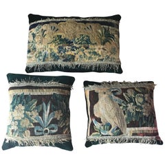 Antique Set of Three Aubusson Tapestry Fragment Pillows or Cushions, French, circa 1780