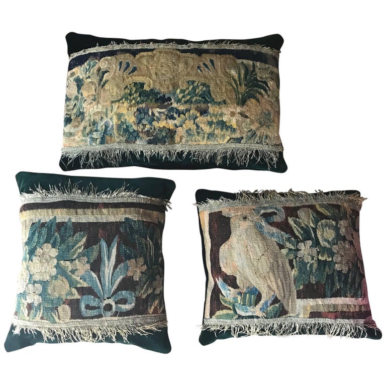 Set of Three Aubusson Tapestry Fragment Pillows or Cushions, French