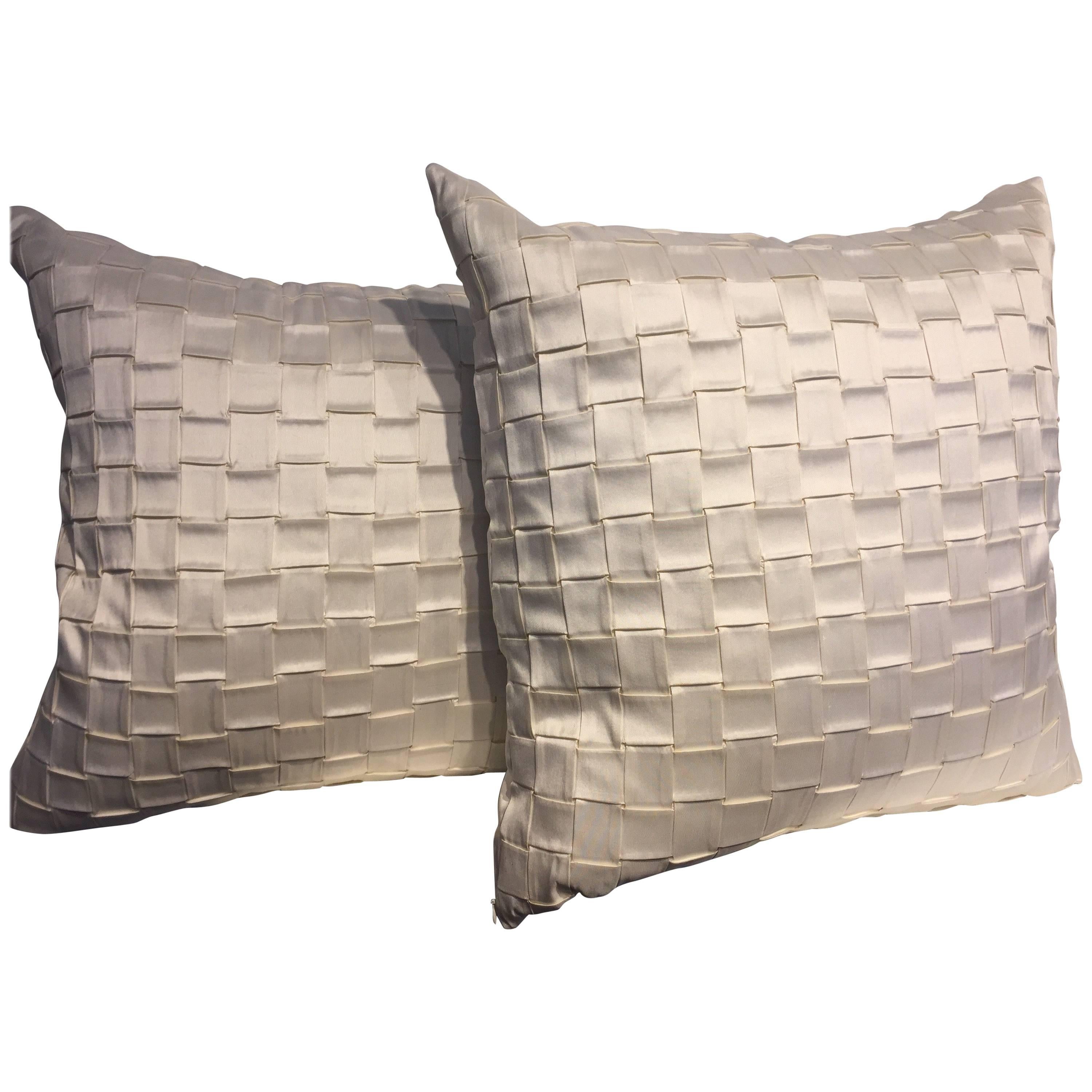 Pair Silk Cushions Pleated Basket Weave Pattern Embossed Oyster Colour