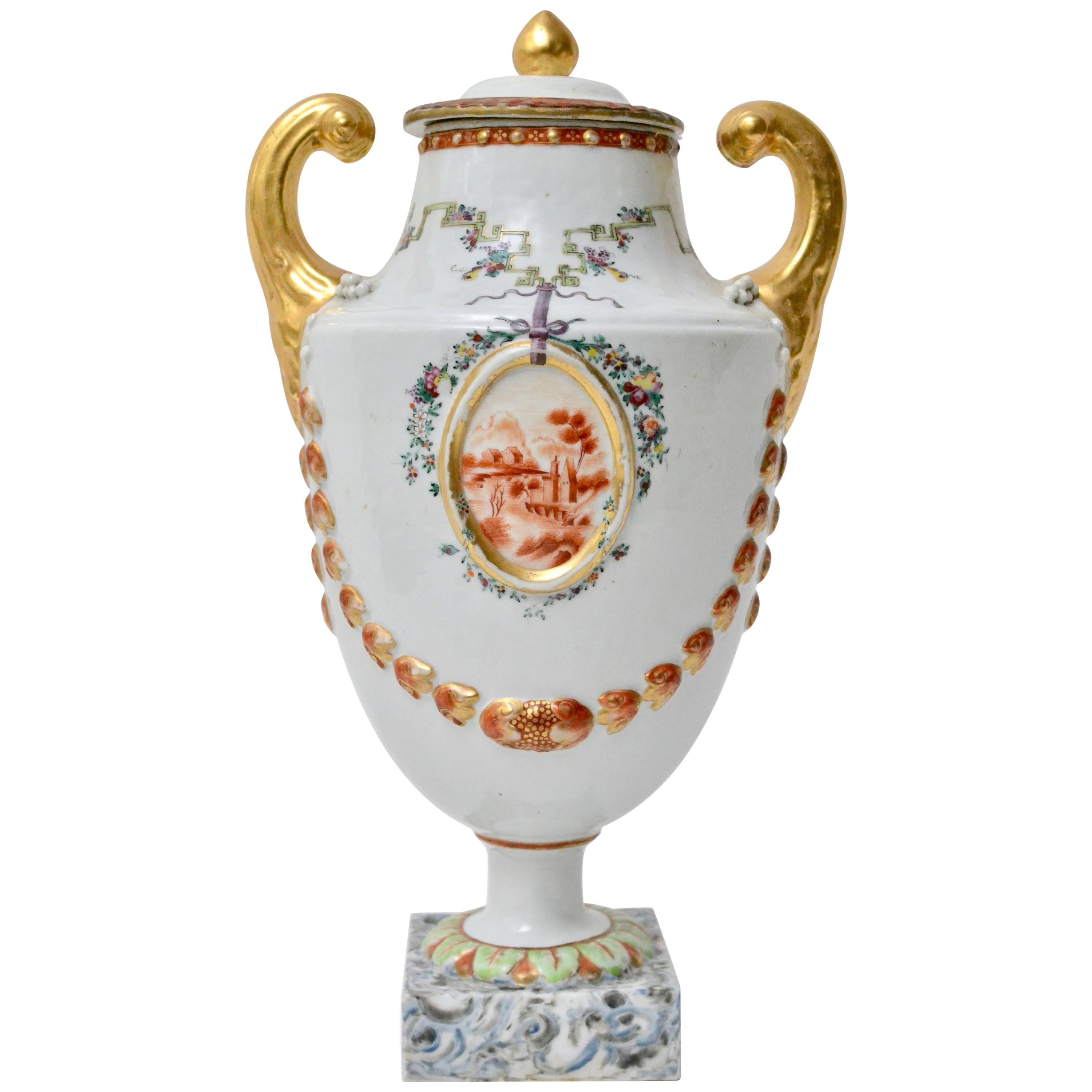 Chinese Export Porcelain Pistol-Handled Famille Rose Urn, Jiaqing, circa 1800