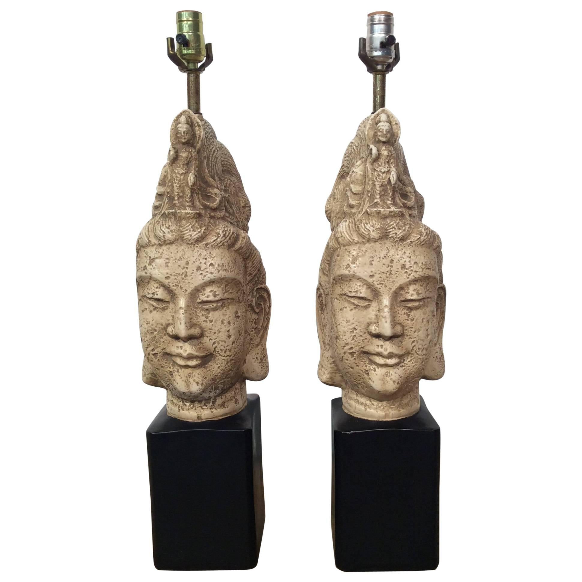 Pair of Asian Style Mid-Century Buddha Table Lamps Attributed to James Mont For Sale