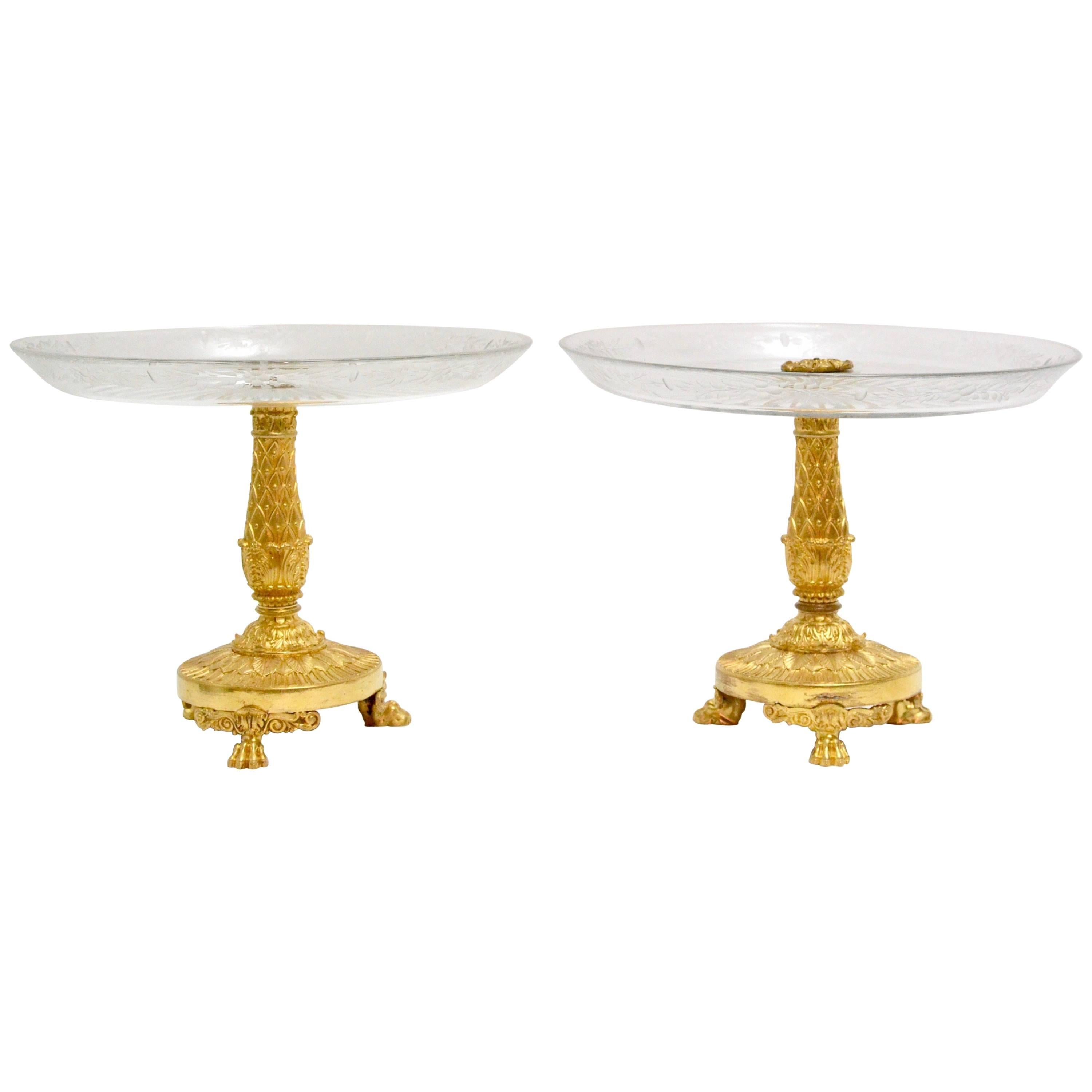 Pair of Empire Gilt Bronze and Cut Glass Empire Tazzas, Surtout De Table