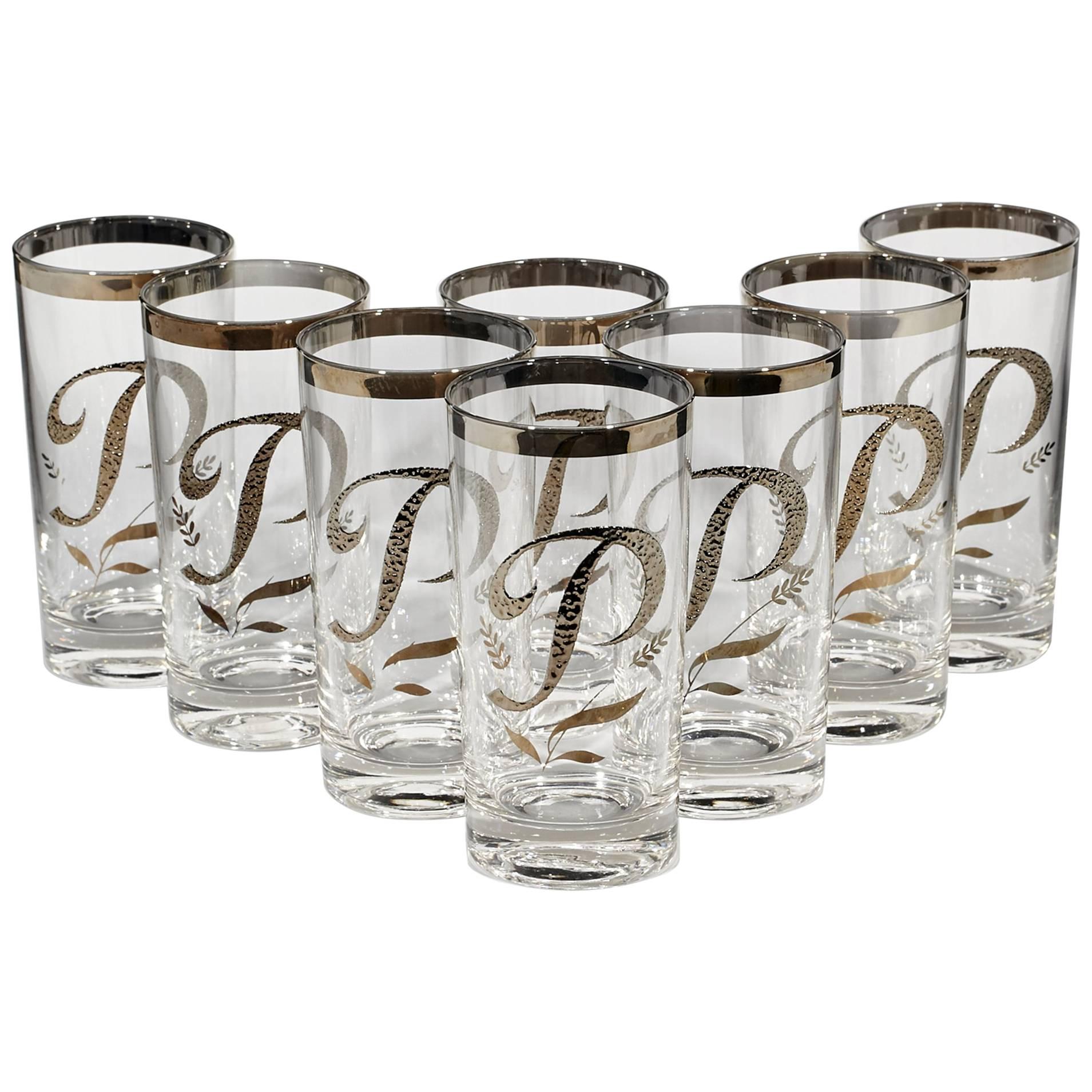 1960s Textured Letter Monogrammed Glass Tumblers, Set of Eight