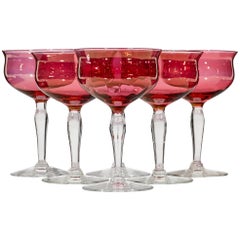 1960s Cranberry Glass Coupe Stems, Set of Six