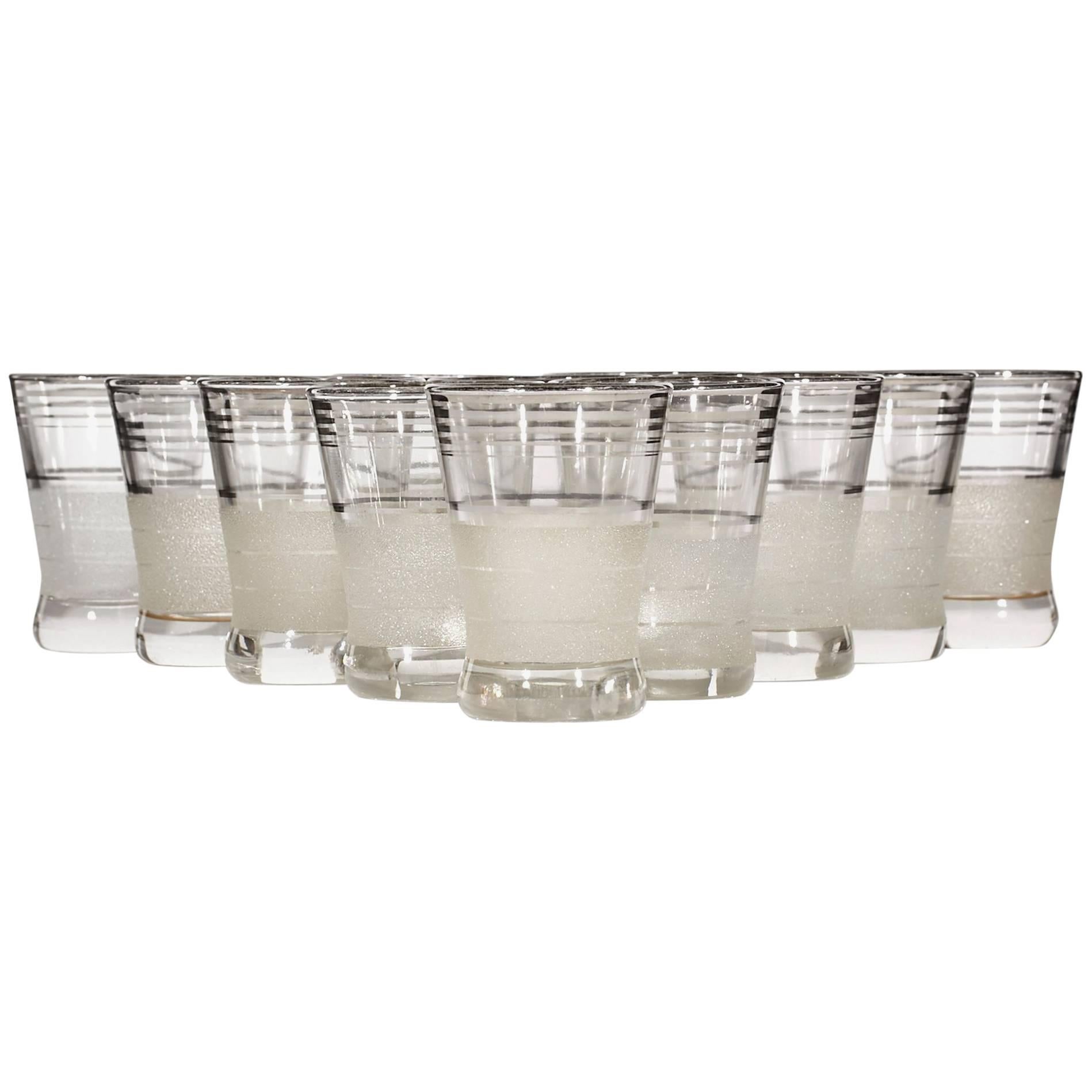 Art Deco Textured Silver Ringed Liquor Glasses, Set of 12