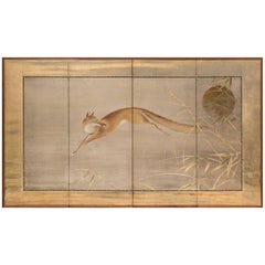 Japanese Four-Panel Screen, Fox and Moon Design