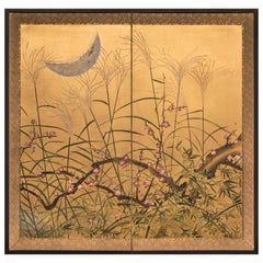 Japanese Two-Panel Screen "Autumn Flowers and Moon"