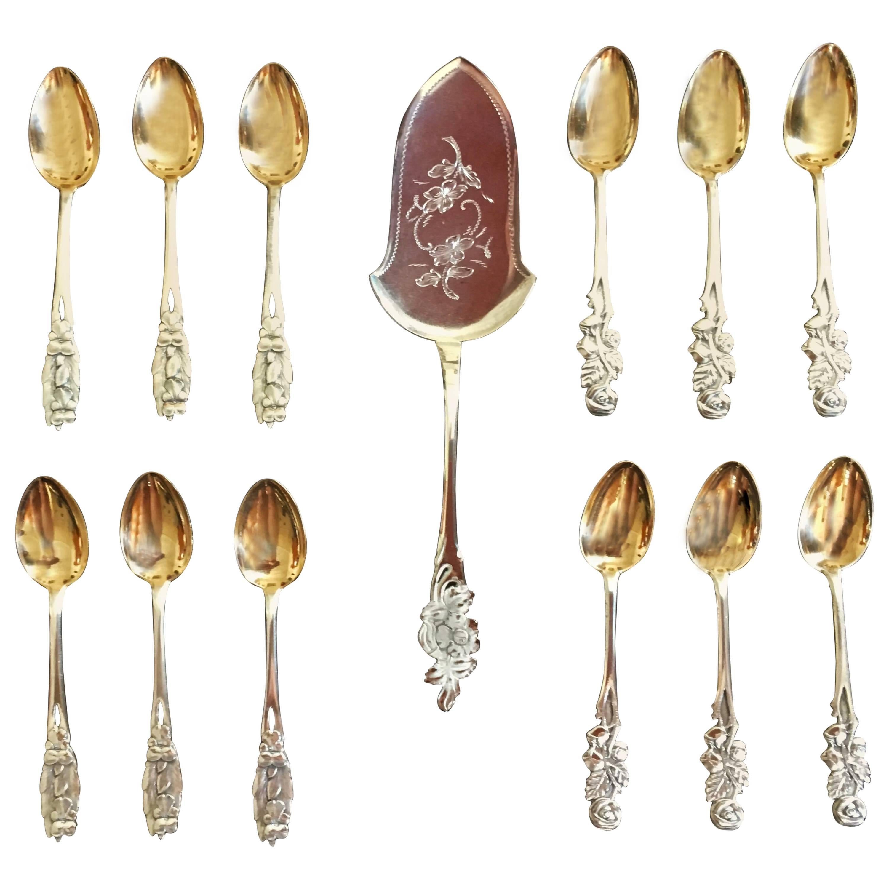 French Silver and Gold Tea or Coffee Spoons with Cake Server For Sale