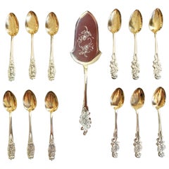 French Silver and Gold Tea or Coffee Spoons with Cake Server