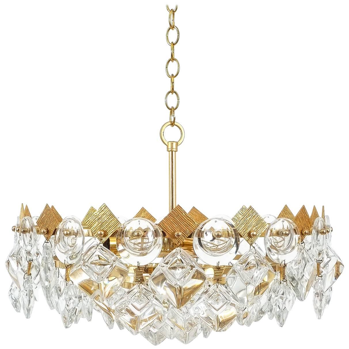 Petite Gilded Brass and Glass Chandelier Lamp by Palwa, 1970