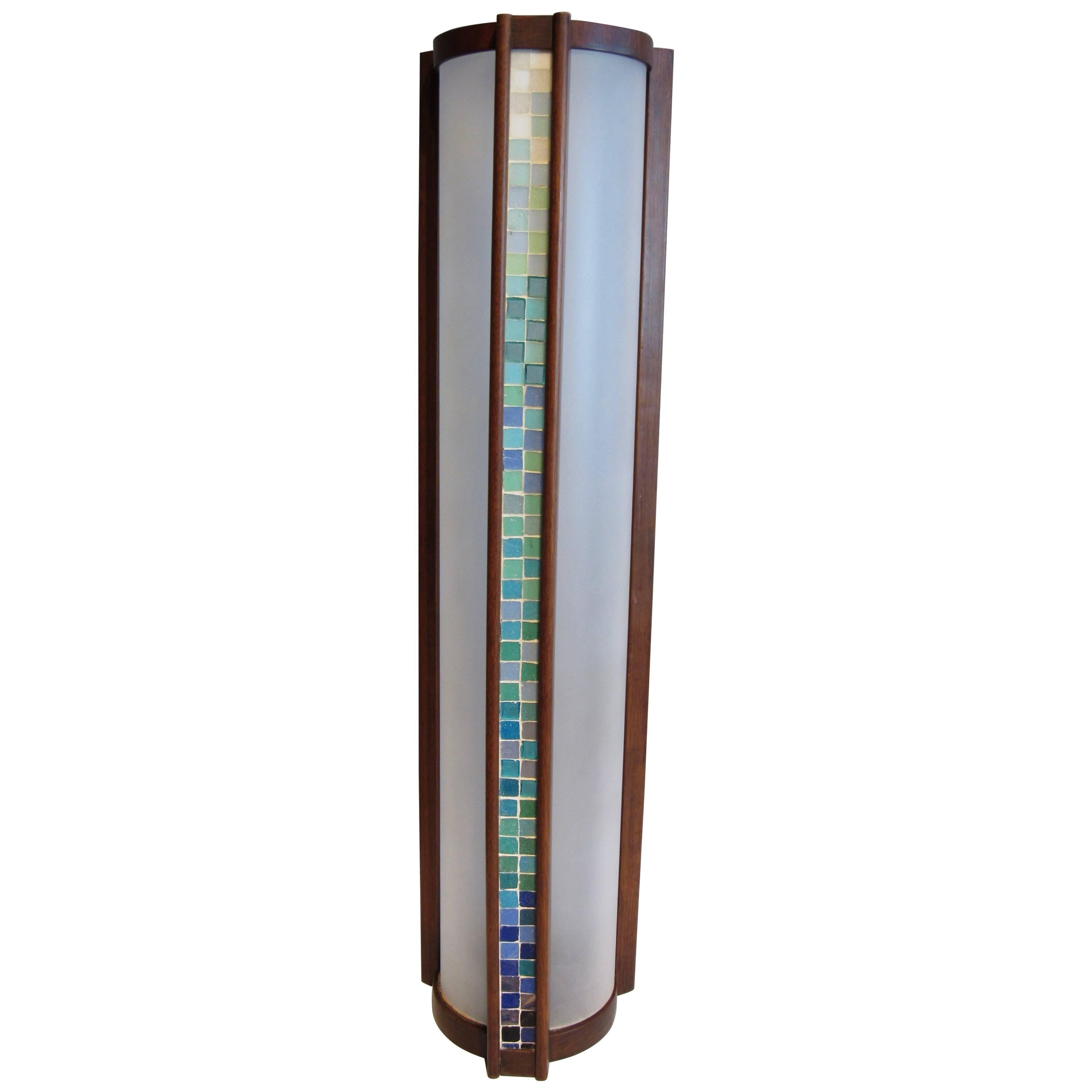 Walnut Martin Borenstein Cylindrical Lamp with Glass Tile Panels, circa 1952