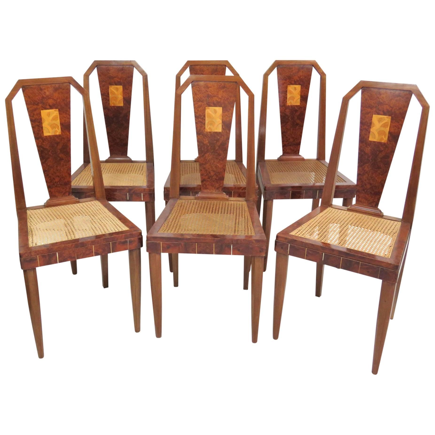 Six Ruhlmann Style Inlaid Burl Walnut Dining Chairs