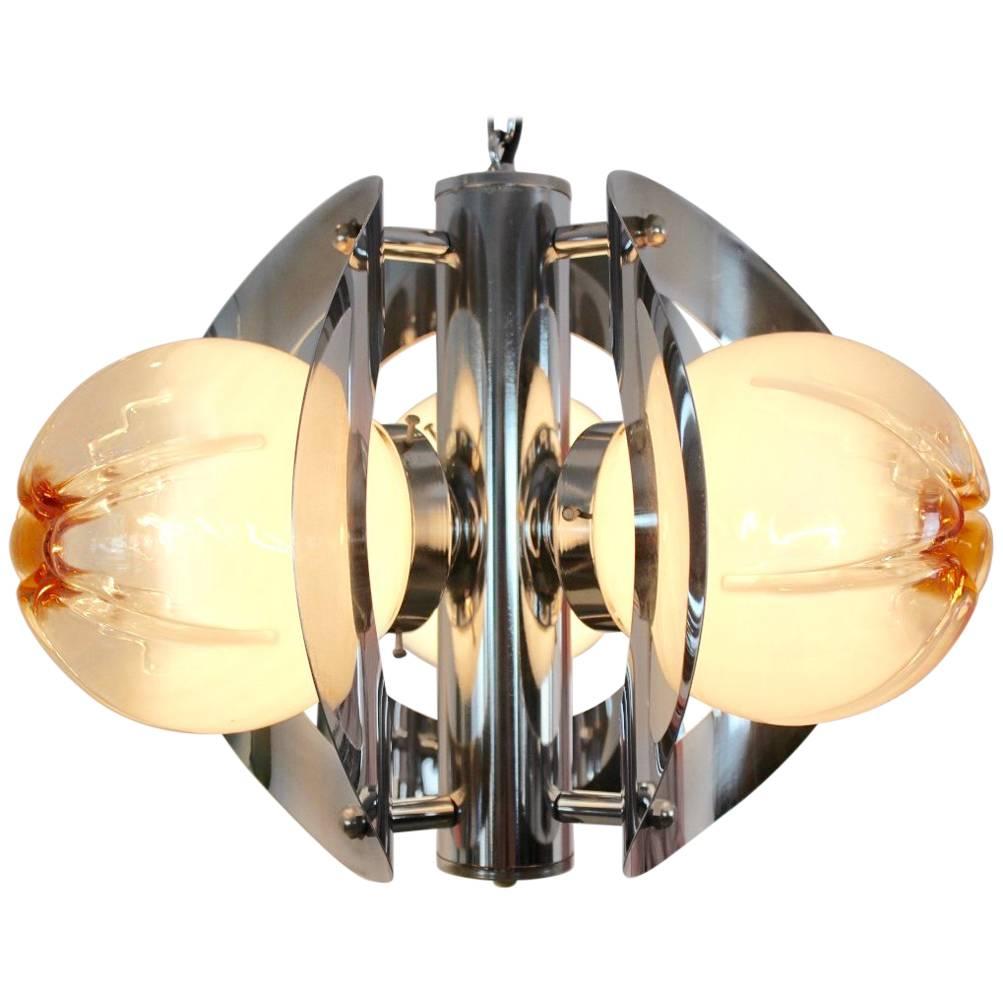 Geometric Chrome and Frosted Glass Chandelier by A.V. Mazzega For Sale