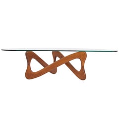 Biomorphic Glass Coffee Table with Wooden Loop Base