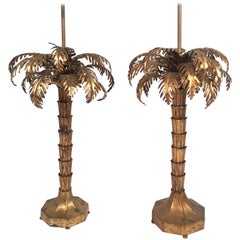 Matched Pair of Gilt Metal Palm Tree Lamps
