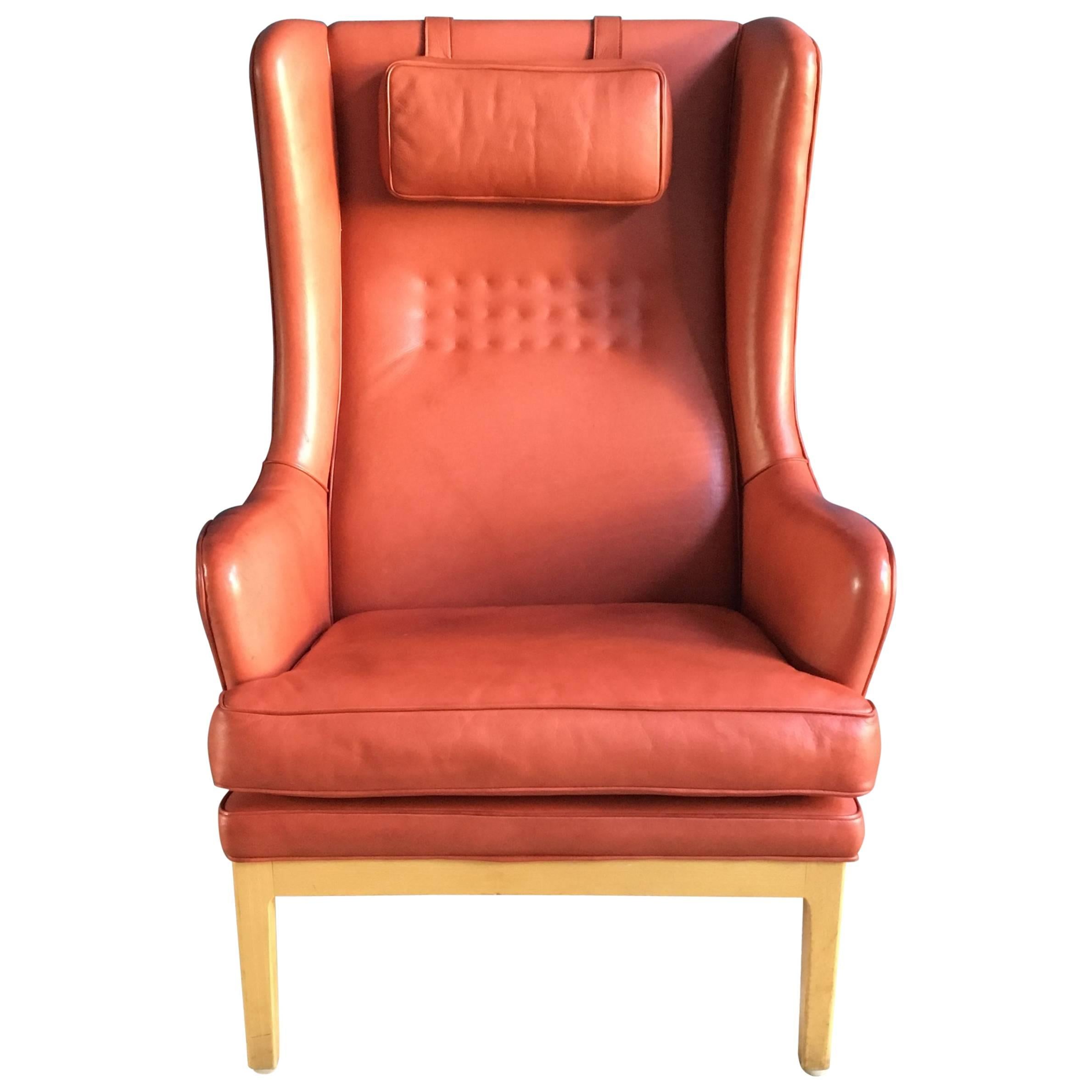 Vintage Arne Norell Mid-Century Modern Wing Chair in Pink Leather