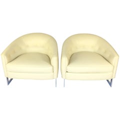 Milo Baughman Cream Leather Lounge Chairs, a Pair