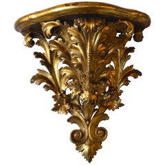 19th Century Wall Shelf Console, Hand-Carved and Gilded, Faux Marble Top