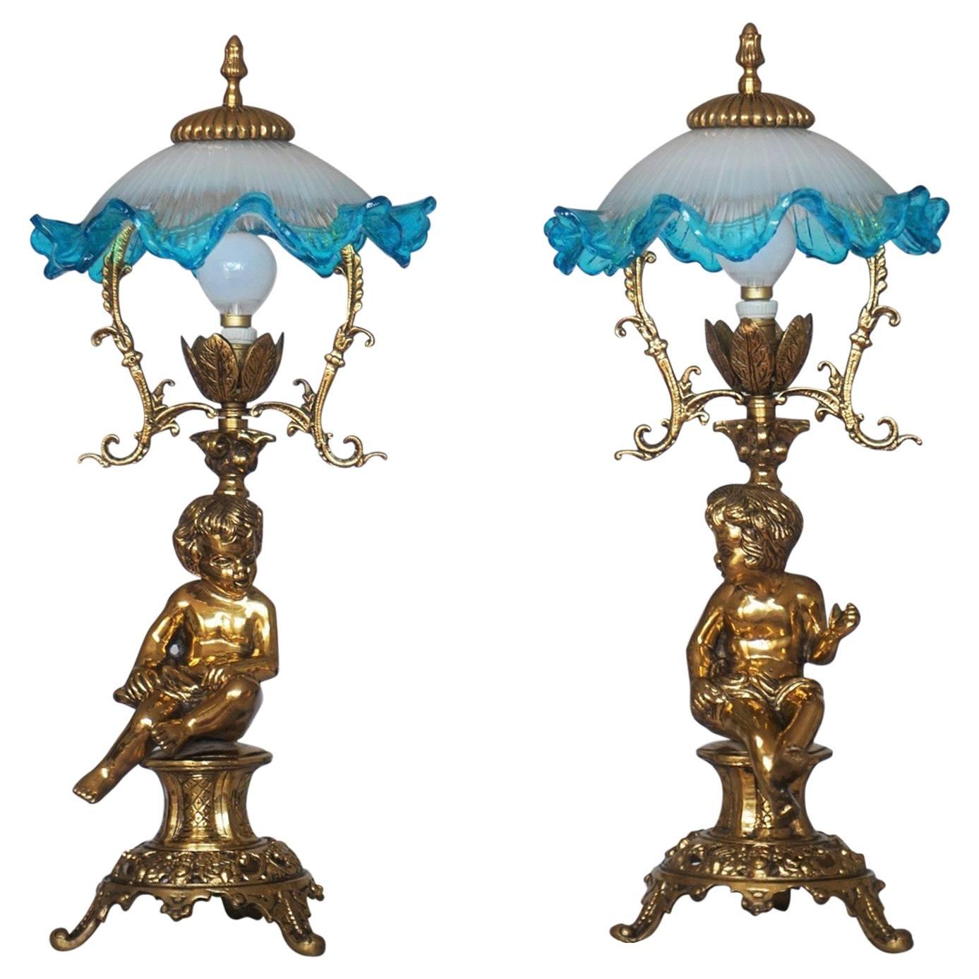 Pair of Solid Brass Cherub Table Lamps Art Nouveau Style, circa 1920