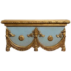 Vintage Italian Carved, Robin's Egg Blue and Gilt Neoclassical Window Cornice