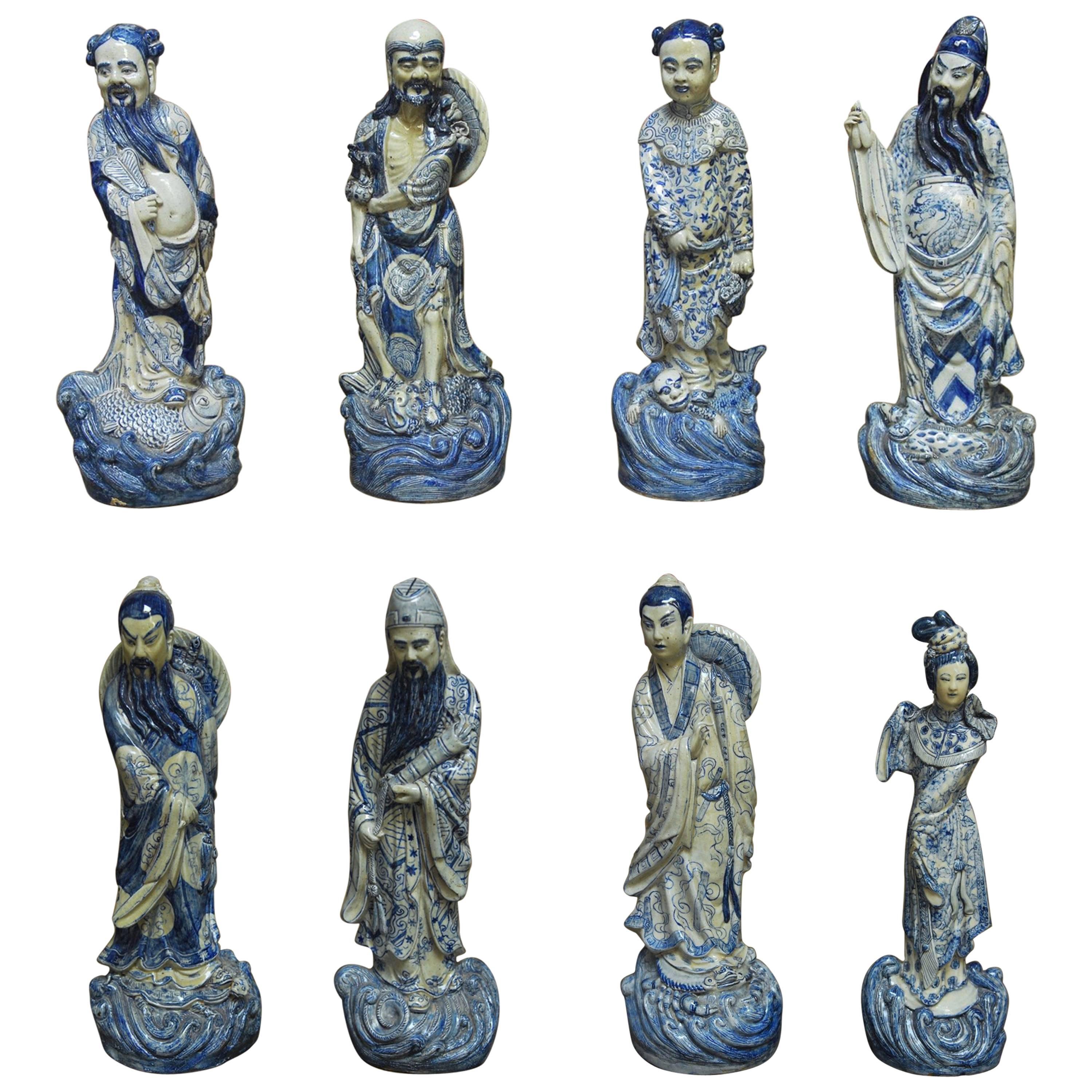 Set of Eight Chinese Blue and White Porcelain Immortal Figures