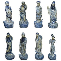 Vintage Set of Eight Chinese Blue and White Porcelain Immortal Figures