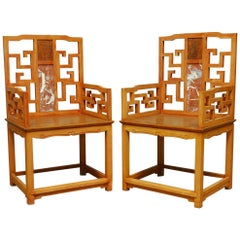 Antique Pair of Chinese Ming Style Armchairs with Dali Marble Inset