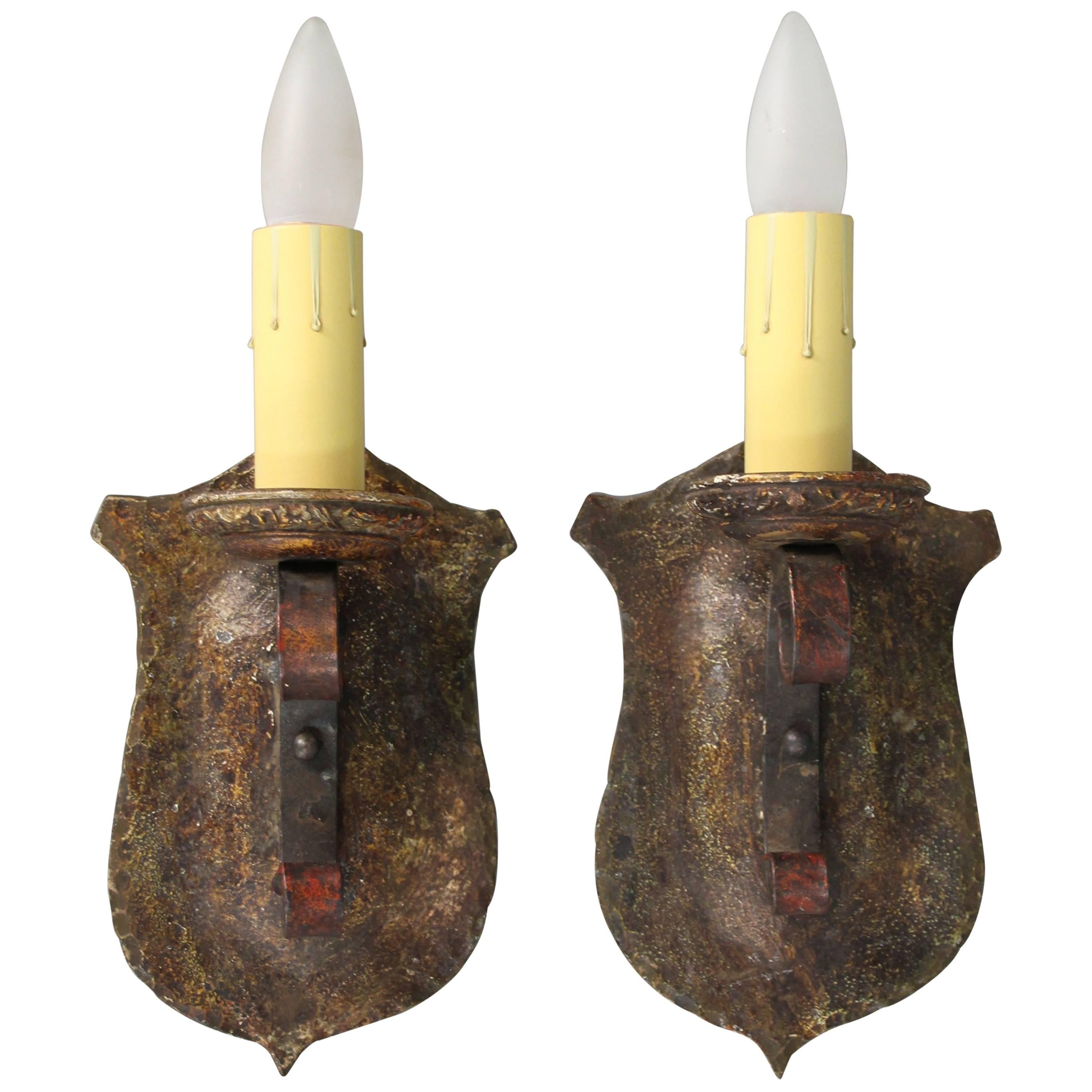 Pair of 1920s Sconces with Shield Backplate