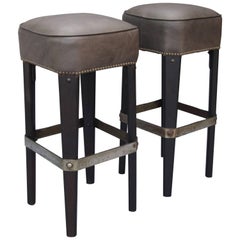Pair of 1930s Rancho Style Upholstered Leather Bar Stools