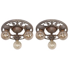 1 of 2 Three-Light 1920s Ceiling Mount with Leaf Motif