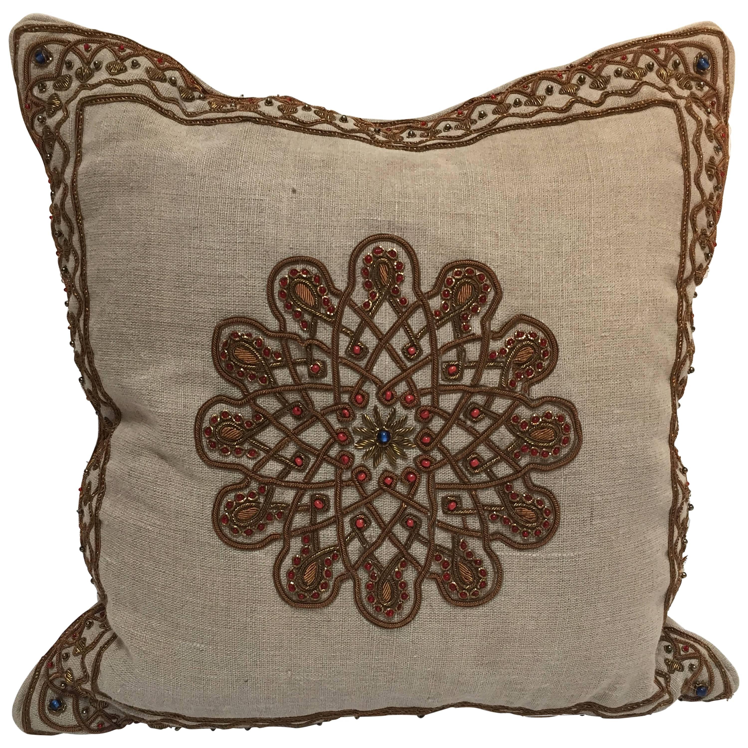 Throw Decorative Accent Pillow Embroidered with Moorish Metallic Threads Design