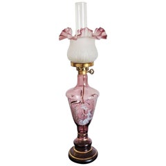 Vintage Cranberry Hand-Painted Glass Table Lamp in Art Nouveau Style, circa 1950