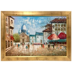 Mid-Century Original Oil On Canvas Painting "Paris Street Scene" Signed, Burnett
