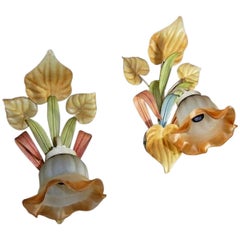 Pair of Florentine Style Metal Flower Sconces, Vintage Austria