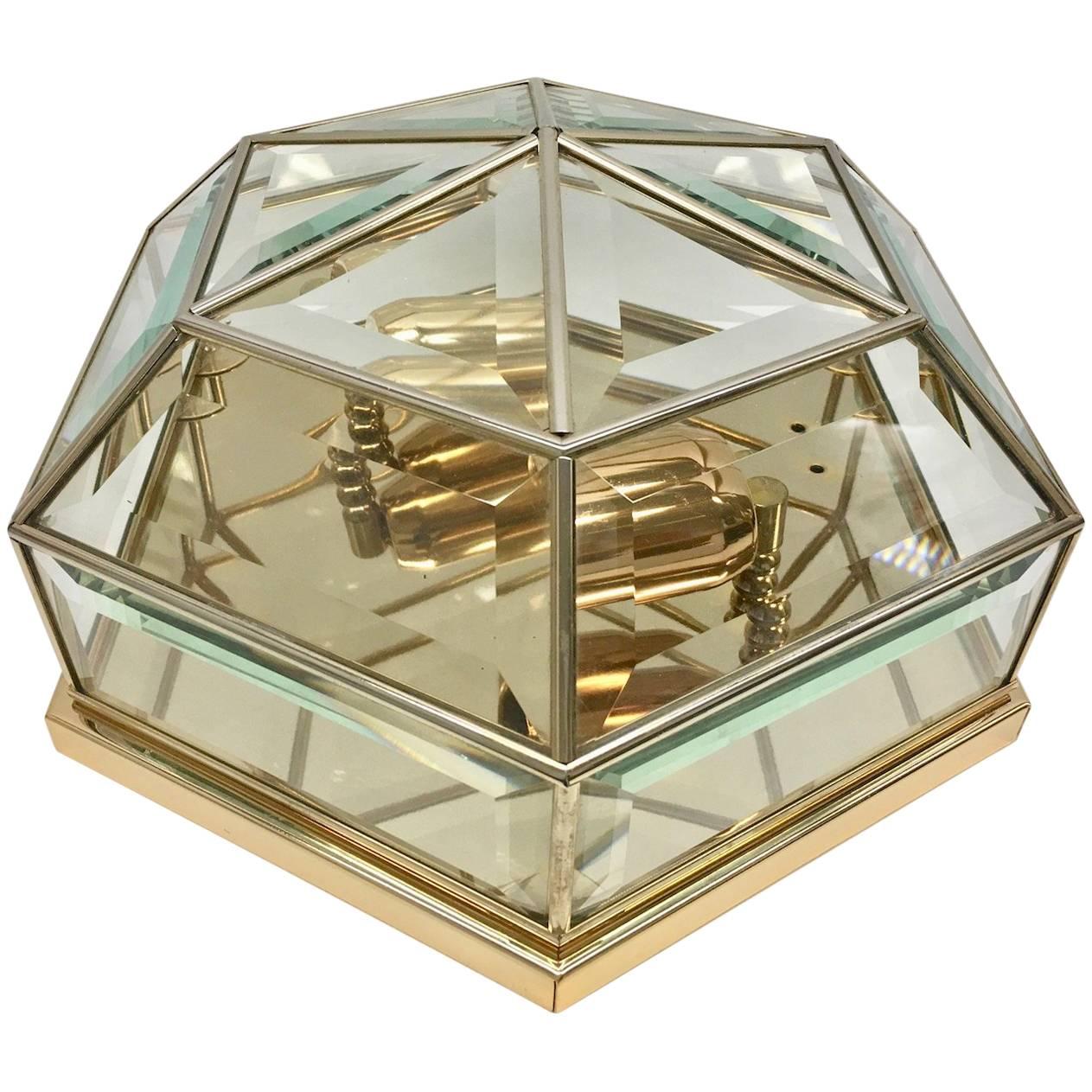 Mid-Century Modernist Hexagonal Flush Mount Brass and Glass from Germany For Sale