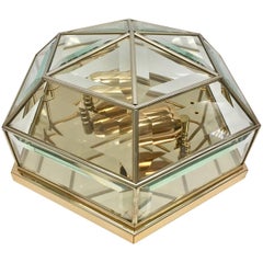 Mid-Century Modernist Hexagonal Flush Mount Brass and Glass from Germany