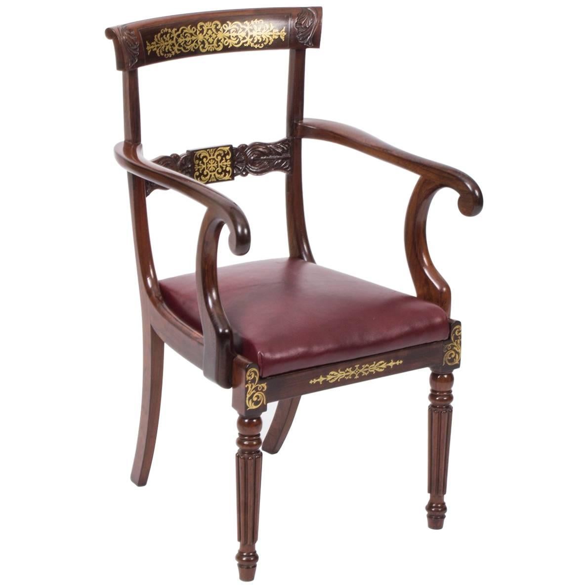 19th Century Regency Brass Marquetry Elbow Chair Armchair