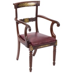 19th Century Regency Brass Marquetry Elbow Chair Armchair