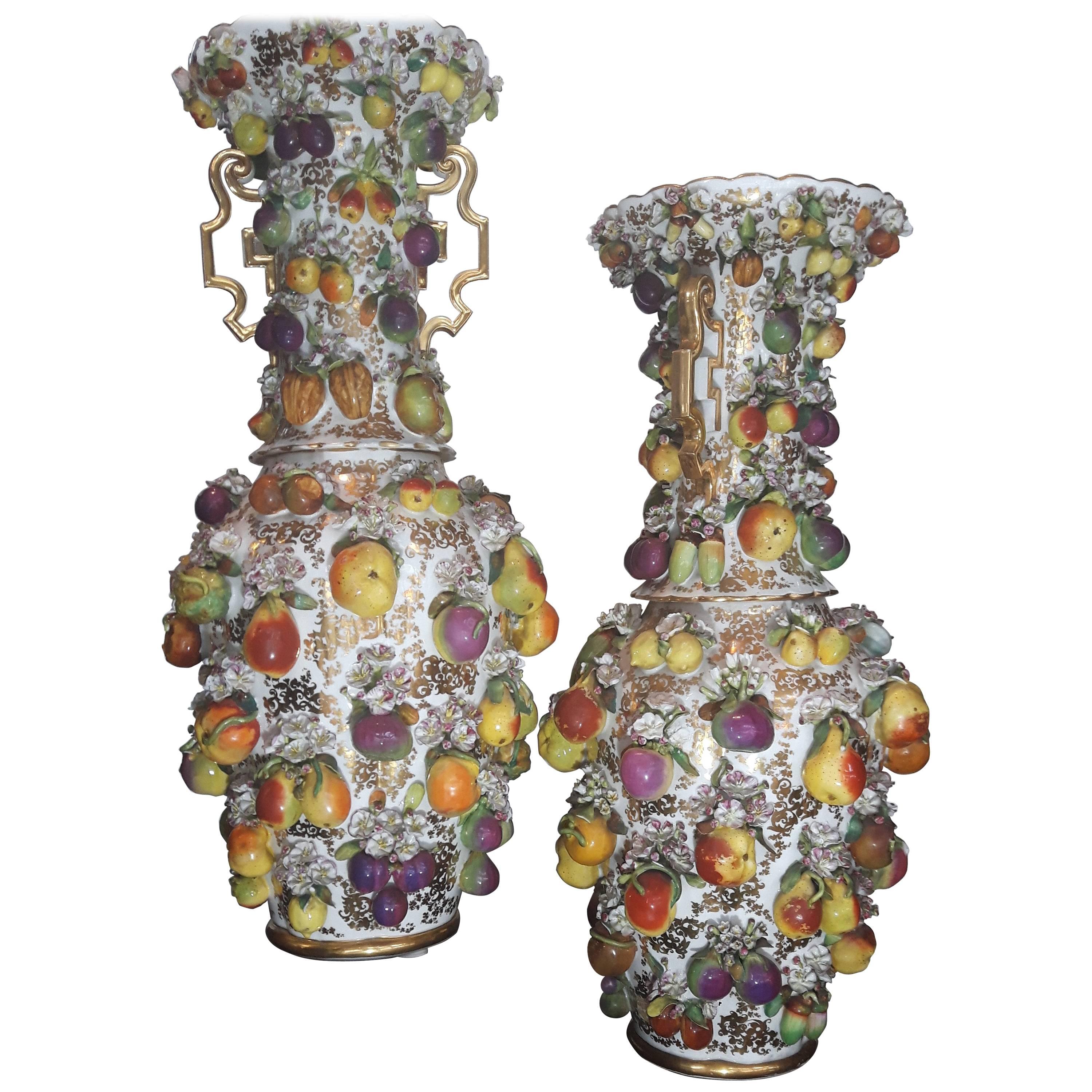 Pair of Continental Porcelain Schneeballen Vases, Late 19th Century