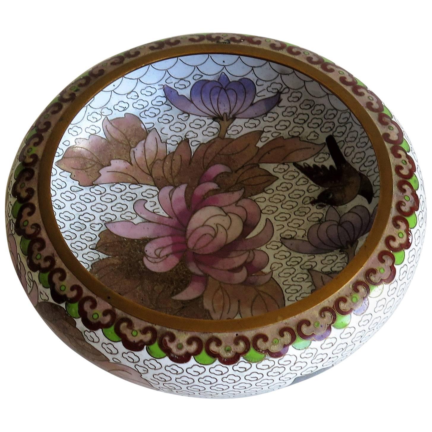 Chinese Cloisonné Bowl Peonies and Birds pattern Ruji Head Border, Circa 1920