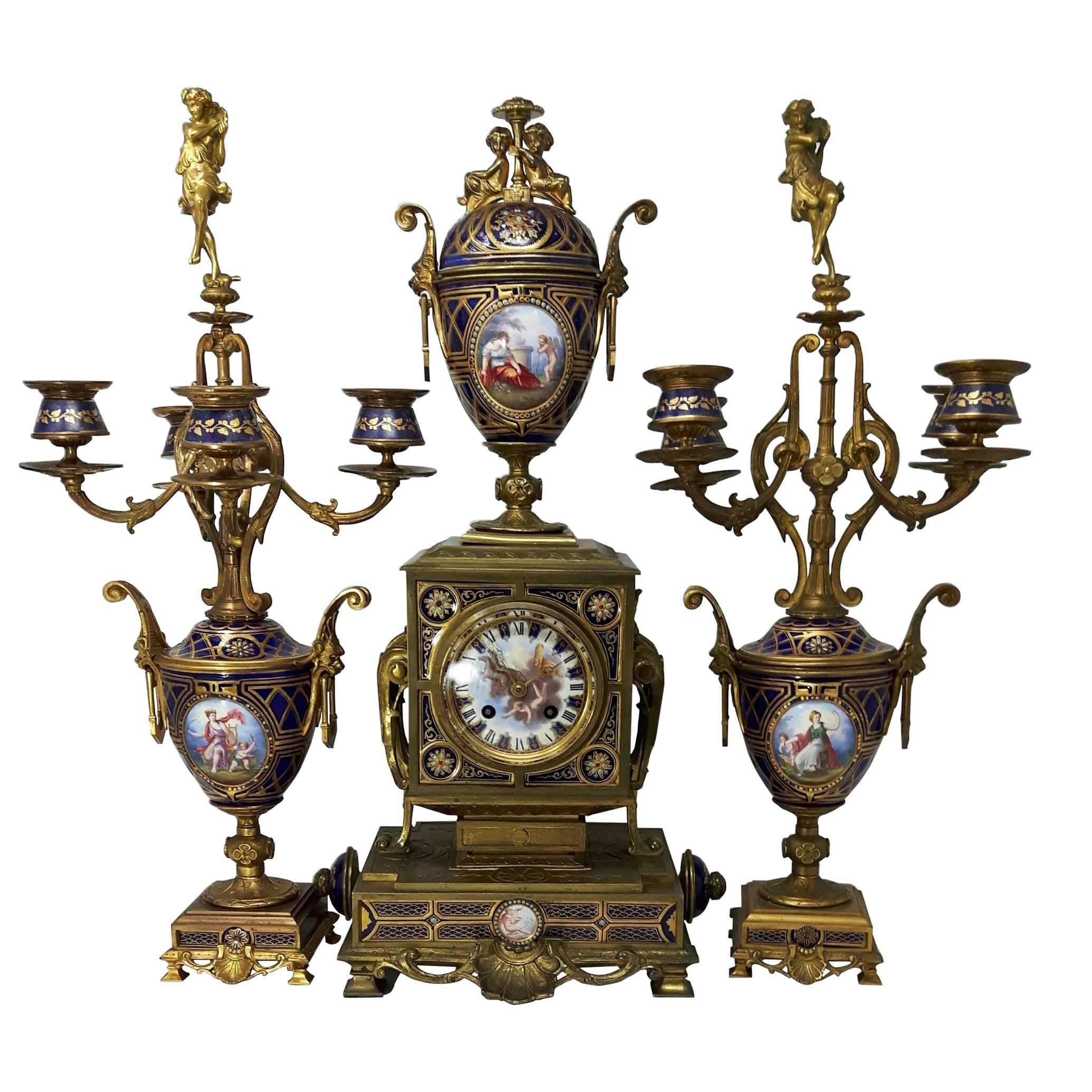 19th Century French Provincial Three-Piece Jeweled Clock Set