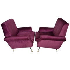 Italian Velvet and Brass Lounge Chairs, Re-Upholstered in Purple, 1950